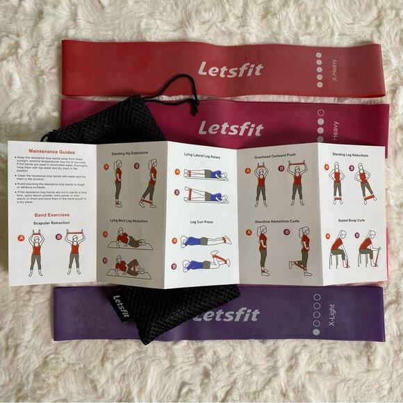 Letsfit Resistance Band Set Instruction Guide and Mesh Bag X-Light to X-Heavy - Picture 2 of 3